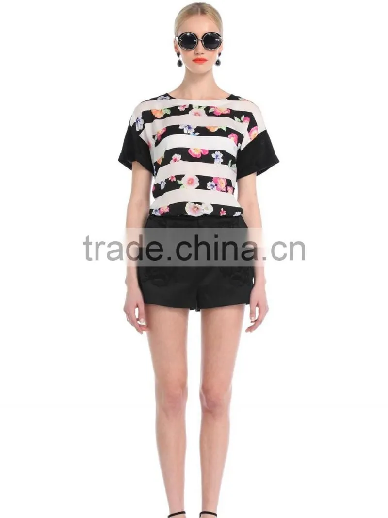 Women's Knitted Woven Combined Stripe Printing Short Sleeve Loose T Shirt Wholesale