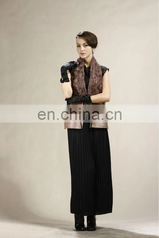 Brown Lamb Fur Fashion Women Gilet With Real Lamb Lether Trim New Fashion Women Real Fur Gilet STY.NO. 5003#