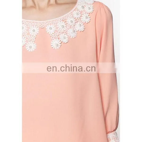 Custom Chiffon Blouse With Lace Flat Collar Half Sleeves Women Shirts and Tops