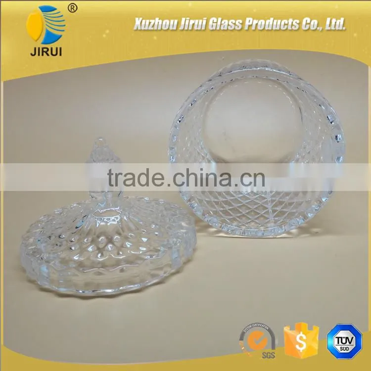 glass candy jar with glass lid with embossed design