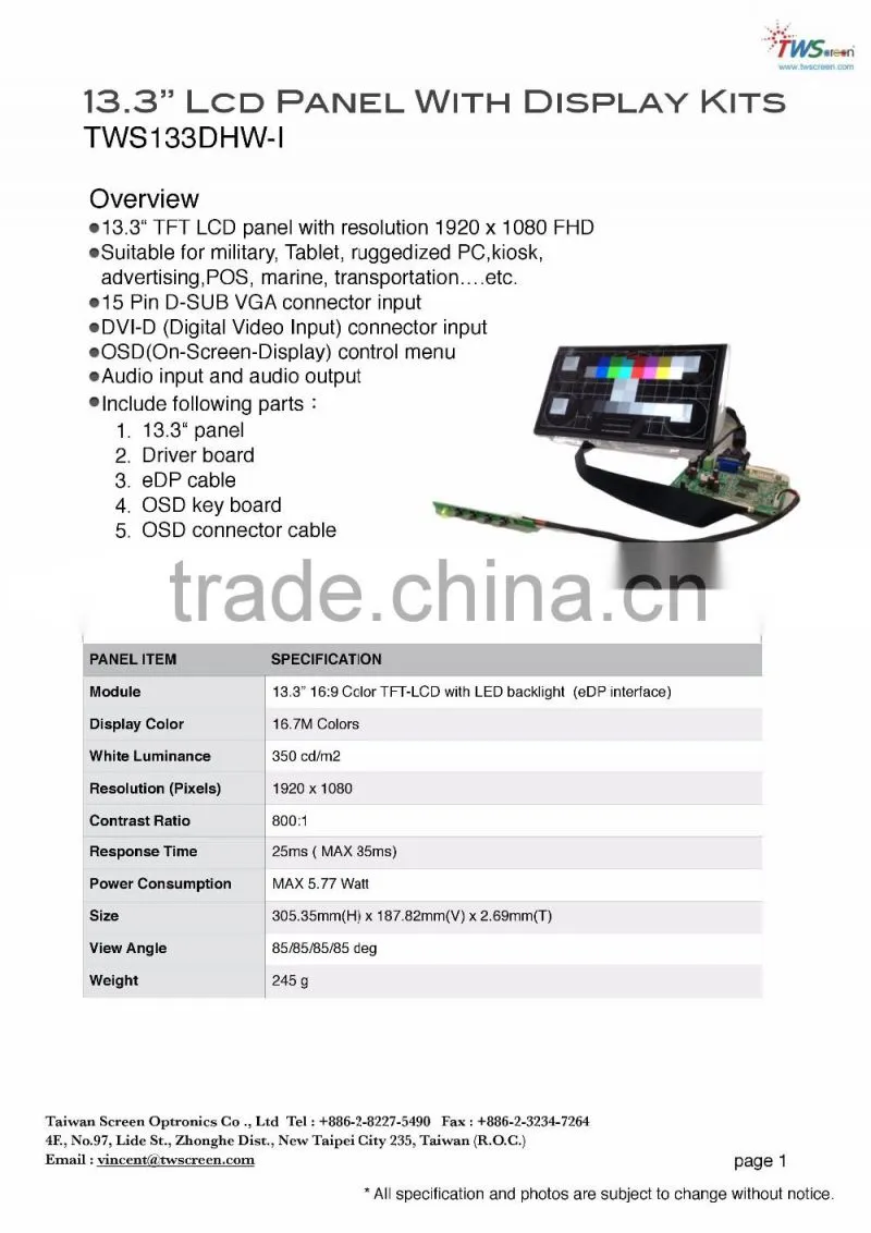 High resolution 1920x1080 13.3" Tft Lcd Panel with Driver Board suitable for ruggedized PC