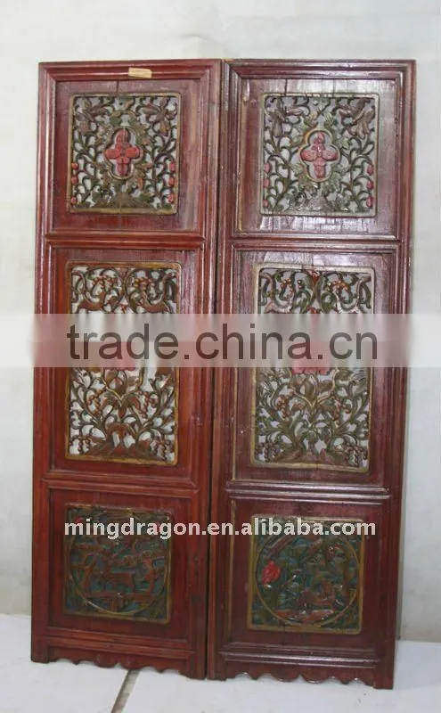 Antique Chinese Head Carved Wood Window Pane Blossom Panel Shutter
