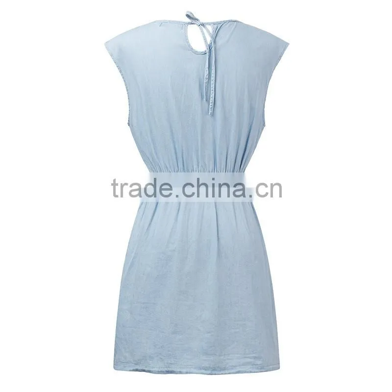 2015 fashion Hot Girl casual loose sleeveless denim round neck sexy mini summer dress