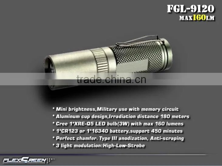 16340 CR123 battery Cree Q5 military mini EDC torch