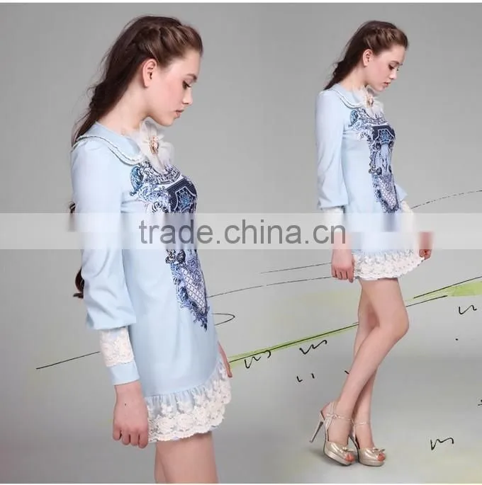 2015 Fashionable Long Sleeve Pencil Printed Young Girl Dress