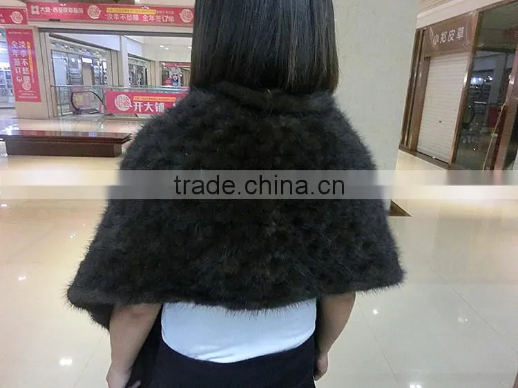 Luxury Knitted Mink Fur Cape / Wholesale Black Mink Fur Shawl