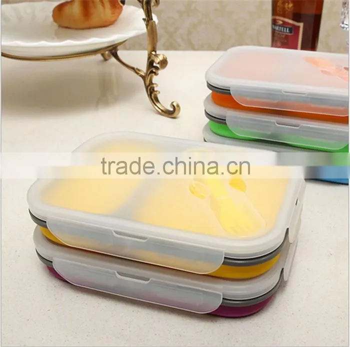 Microwavable collapsible Foldable Silicon Lunch Tray with Lid Portable silicone folding lunch box