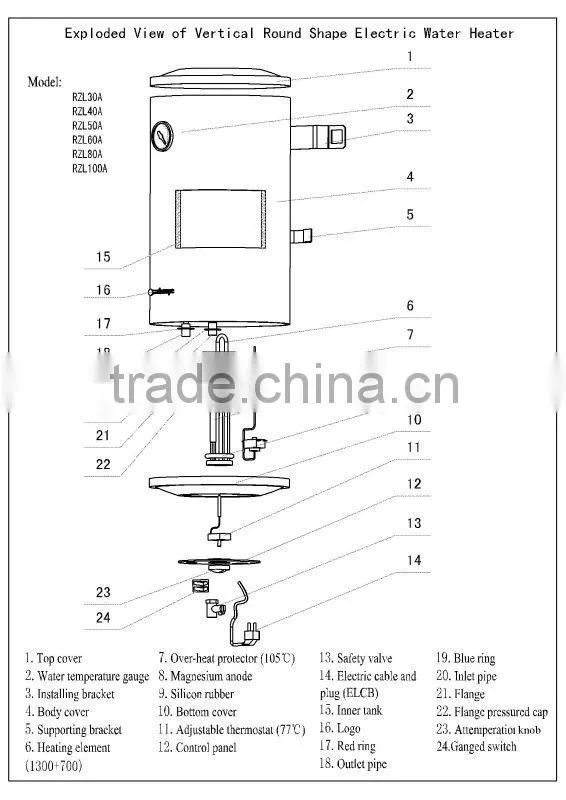 30-150L enamel or stainless steel tank of storage water heater with thermostat for shower