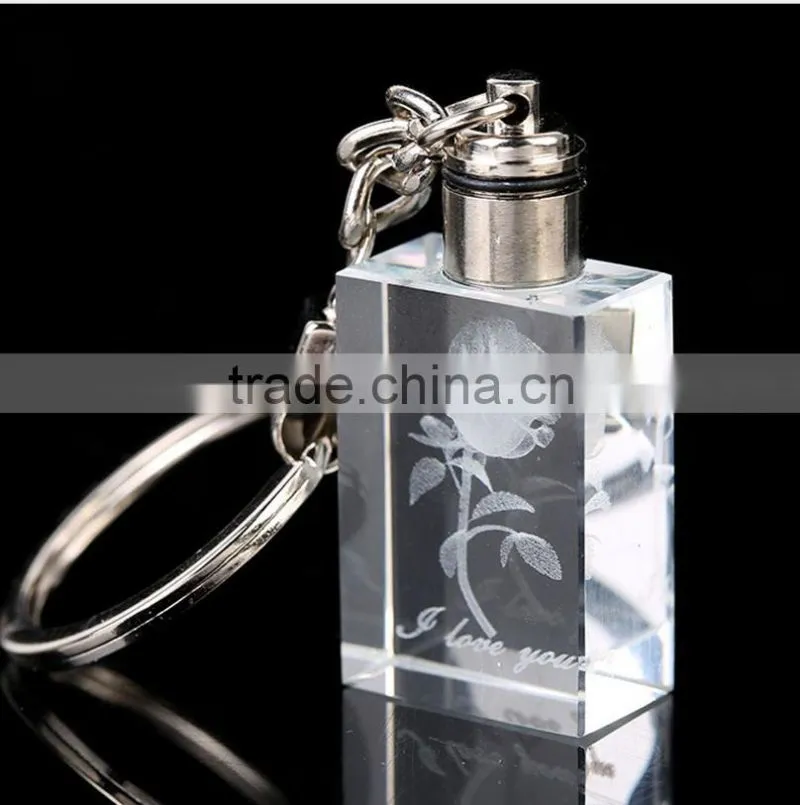 Beautiful 3D laser rose crystal keychain with led light for wedding gift