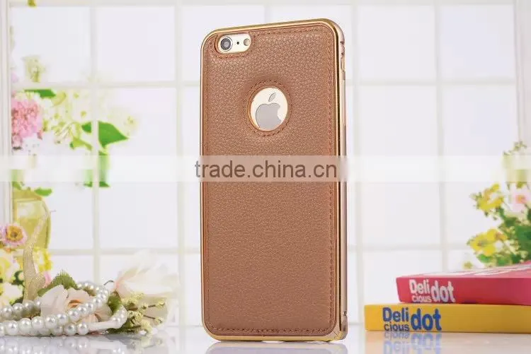 Leather Back Cover Metal Bumper Frame Case For iPhone 6,metal bumper for iphone6 plus