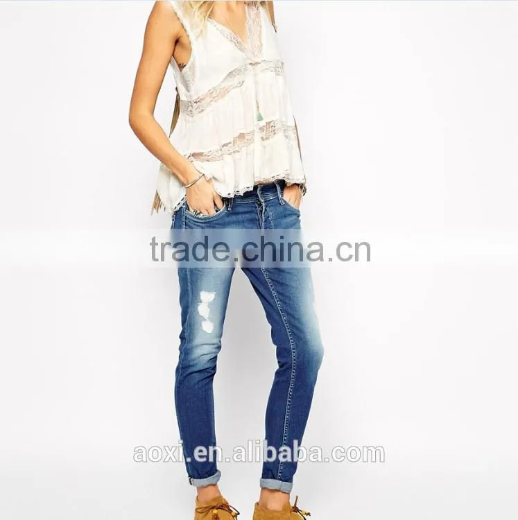2015 China supplier Wholesale Cheap woman girls high quality distressed broken holes straight rolled skinny denim jeans
