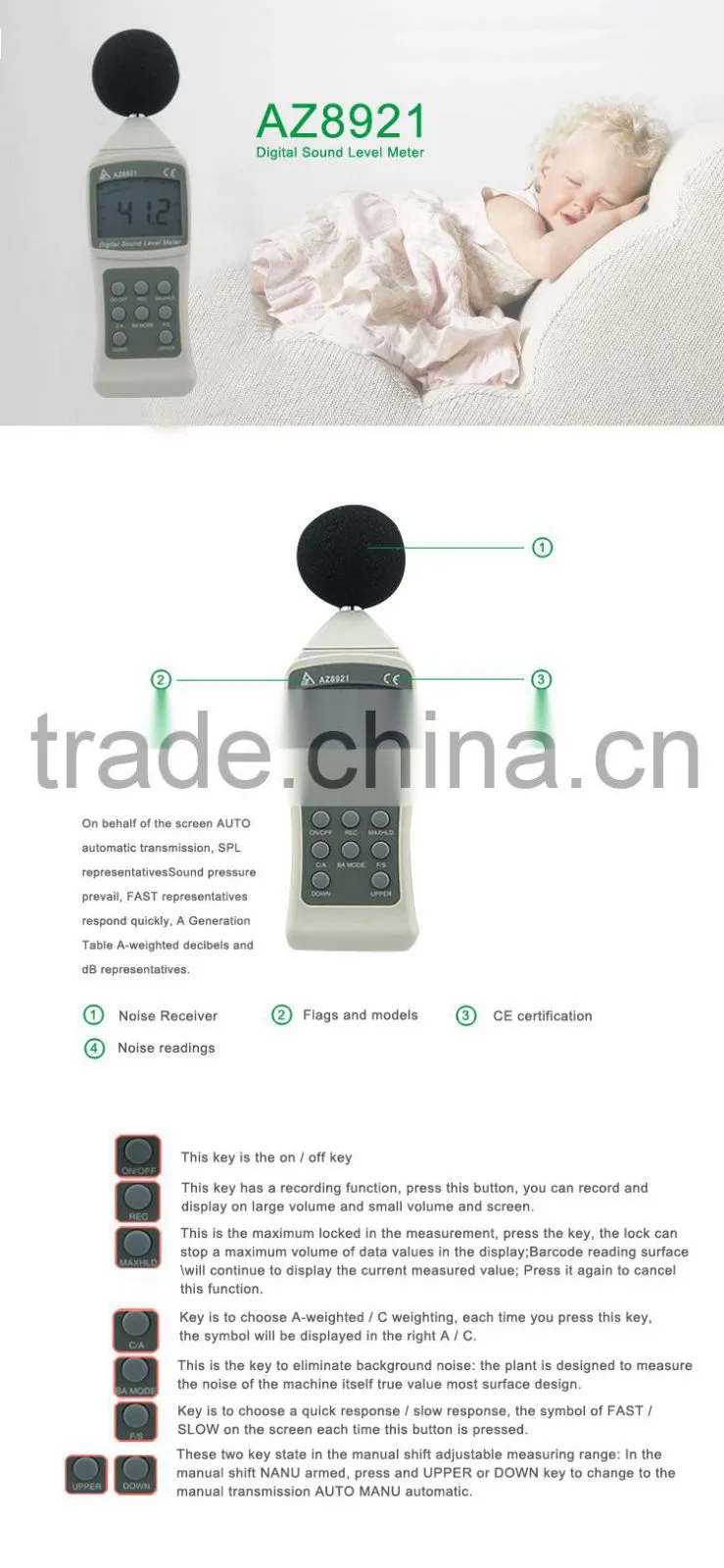 AZ-8921 Noise Quality Measure Meter Meet IEC60651 2 Class Standard Sound Level Meter
