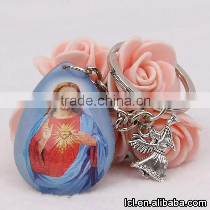 2016 new design key chain ring custom key holder blue clearly color Glass Sacred Heart key chain split key ring clip wholesale