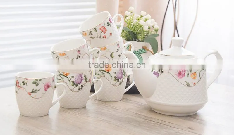 Pure white embossed grace porcelain 15pcs arabian tea set, vintage ceramic arabic teapot gift tea set