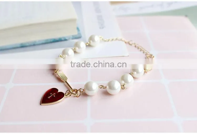 Cupid arrow love bracelet gold arrow red enamel cross heart charms pearl bead link bracelet