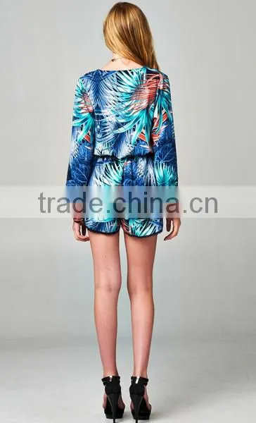 2014 Long loose sleeve print pattern casual wrap ruffle romper jumpsuit for American street women