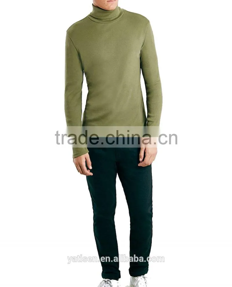 Khaki Ribbed Roll Neck men T-Shirt Wholesale Customized Logo Organic Cotton gym muscle long sleeves T shirts
