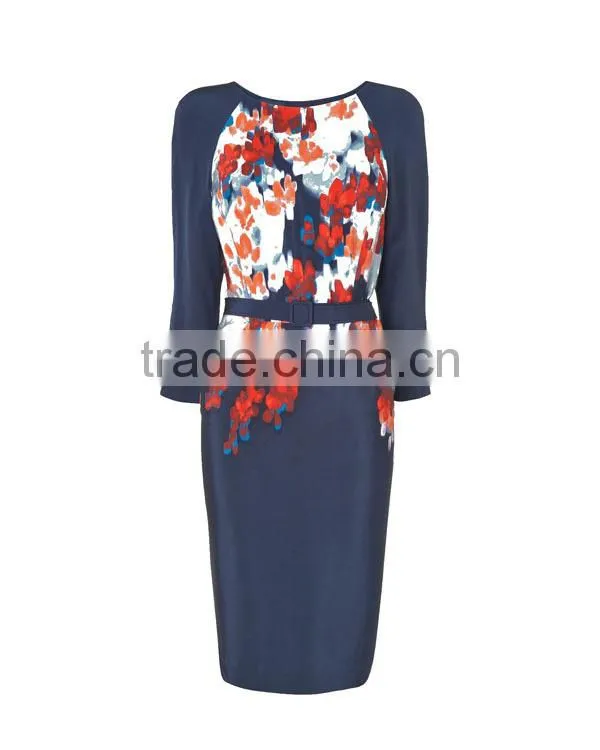 Ladies' silk flower print half sleeves slim with belt good quality and dress manufacturer dress names