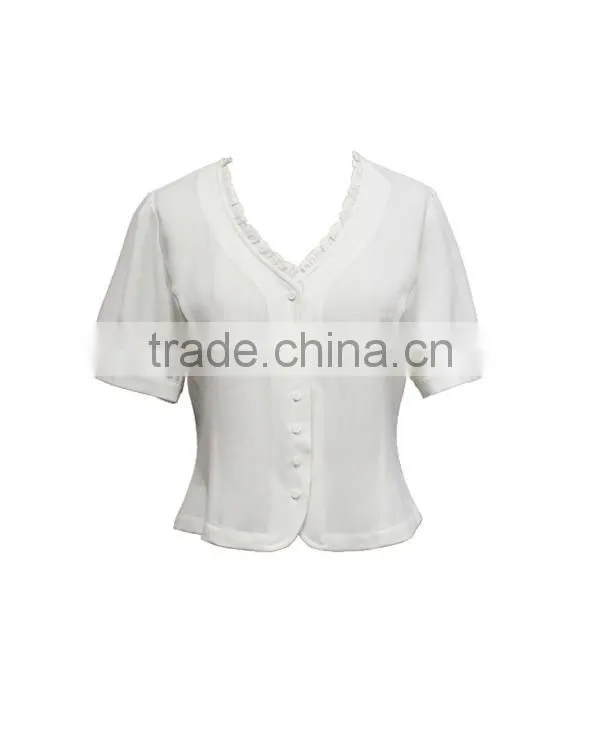 V-neck Short Sleeve Plain white choli blouse designs with frilled collar