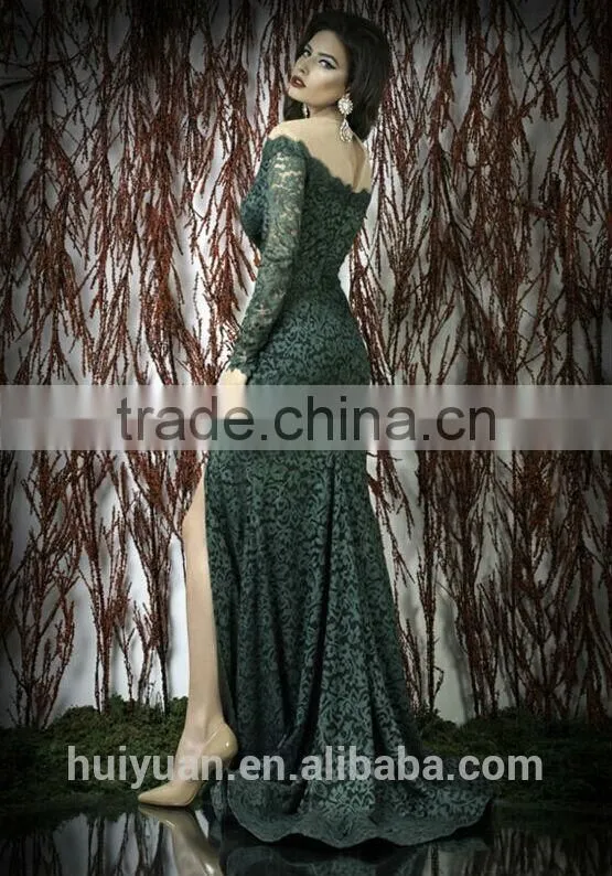 2014 sexy side slit green long sleeve velvet prom dress