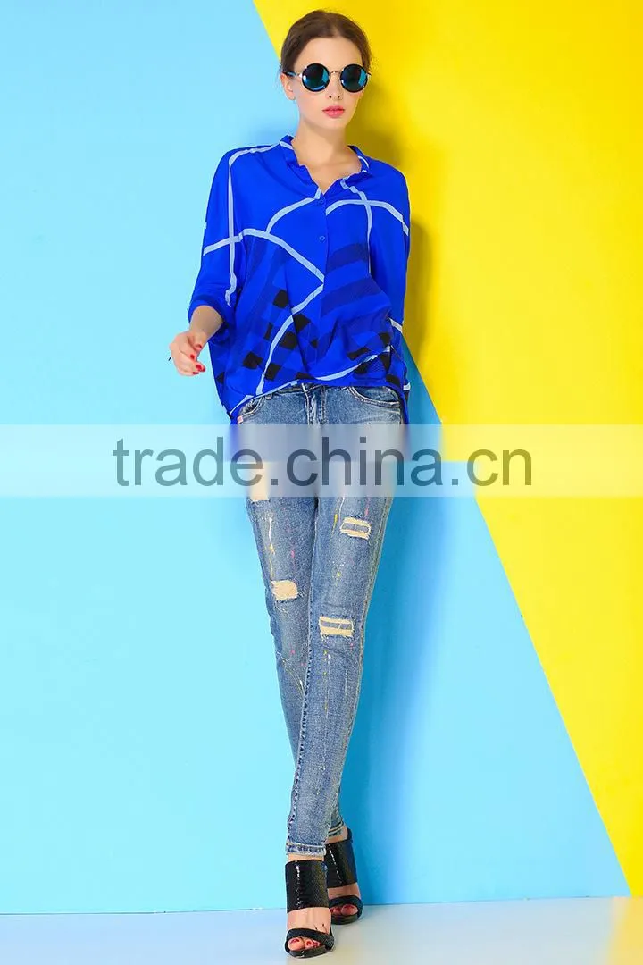 Two color 3/4 sleeve fashion design 2015 new design chiffon ladies blouse