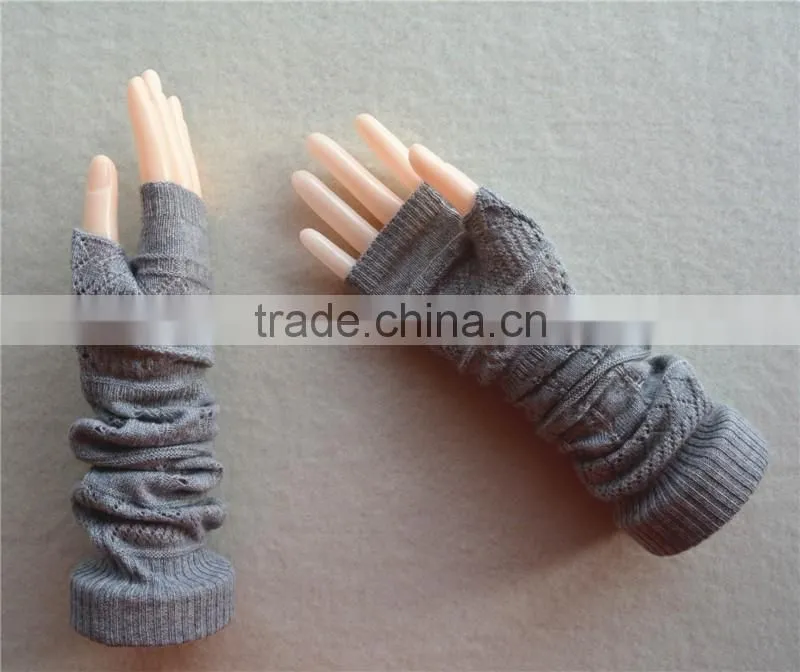 2016 new design knitted elbow length winter gray grey fingerless 100% cashmere gloves wholesale knitting pattern