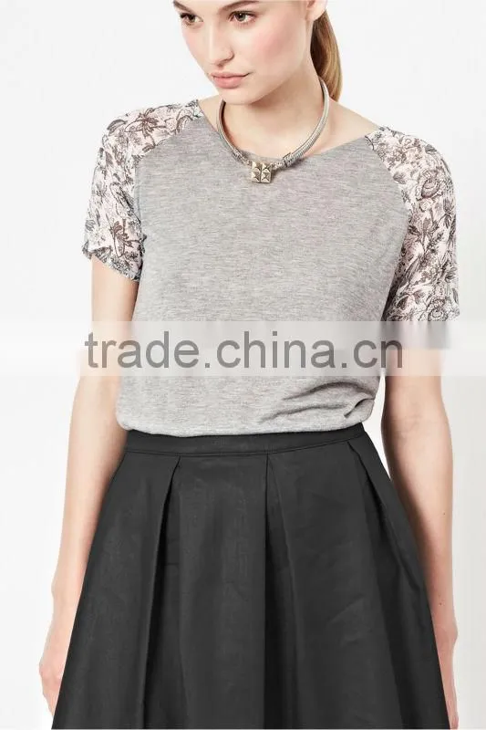 100% Viscose Jersey T-Shirt Top with Printed Chiffon Sleeve