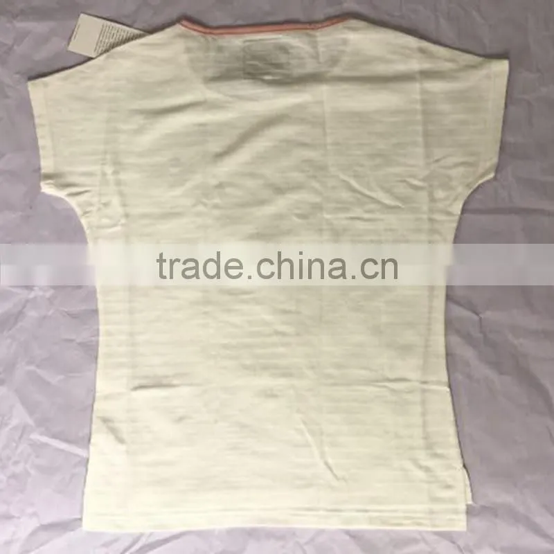 Ladies White Side Slit Dip Hem Striped Cotton T-Shirt