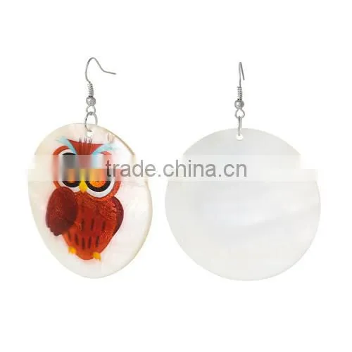 Silver Tone Hook Round Dark Red Halloween Owl Pattern Fashion Shell Dangle Earrings 7.1cmx5cm