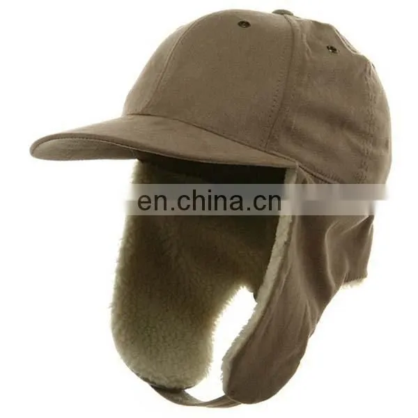Custom Flat Brim Baseball Cap With Ear Flaps Fashion Men Black Snow Cap