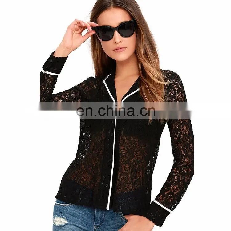 2017 New Sexy See Through Hollow Out Black Sheer Women Lace Tops Images of Ladies Casual Tops