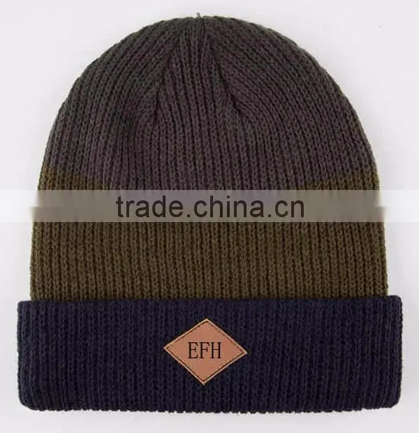 Knitted Beanie Hat/Leather Patch Beanie Hat