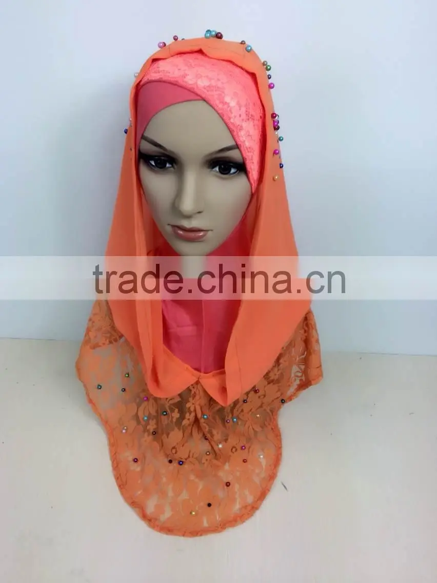 A390 Newest 2015 lace chiffon pearl islamic scarf hijab MUSLIM 2 PIECEs LONG HIJAB