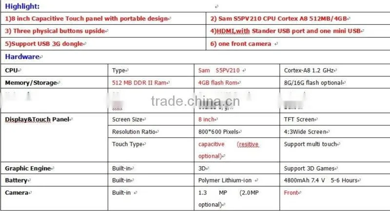 New 8 " Touch panel , Android 2.2 , S5PV210 CPU Cortex A8 1.2 Ghz , 512MB/4GB , 800*600 Pixels , 4800mAh Battery Tablet PC