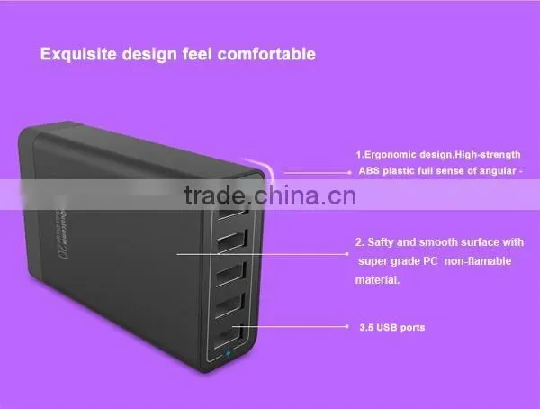 UL certified 40w 5v 8a 5port Quick charging USB travel charger for smartphone with QC 2.0 technology