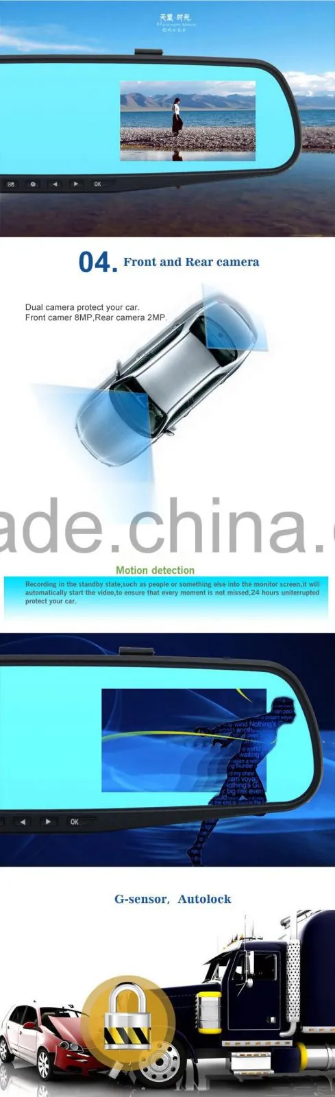 Hd dual lens car dvr rearview mirror camera,car rear view mirror monitor