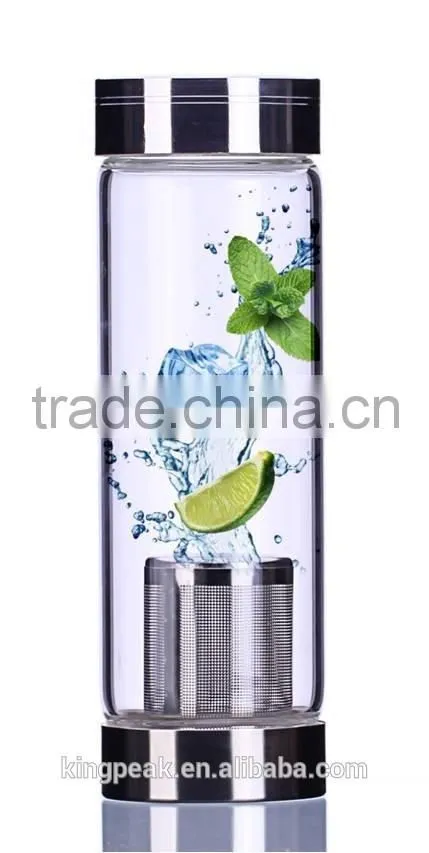 2015 Best Selling Water and Tea or fruit /herb Travel Infuser Glass and Stainless Steel Sport Bottle with built-in Tea Infuser