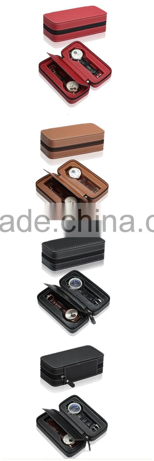 Custom 2 Slot Carbon Fiber/ Leather Travel Watch Storage Box With Zipper