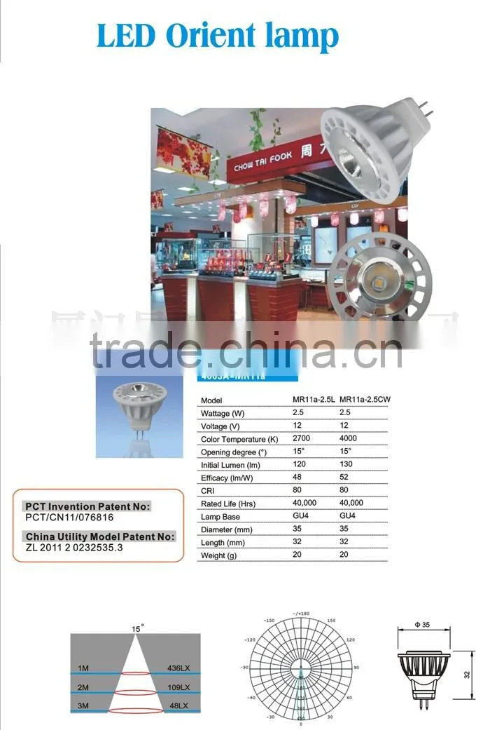 china manufacturer dimmable mr11 led spots 3w gu4