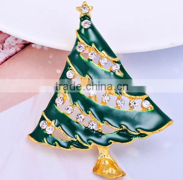Green Christmas Tree With Gold Pattern Star Brooch