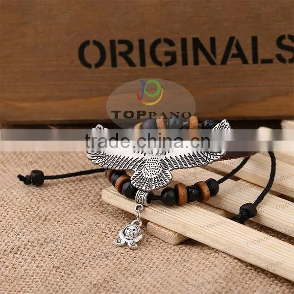 Top quality leather bracelet manufacturer metal stainless steel charm leather bracelet jewelry