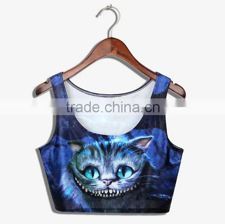 2015 Women Crop Tops wholesale Sublimation Cat Print Custom Design N7-34
