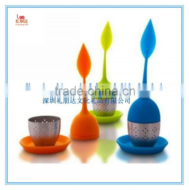 HOT! Set of 2 Loose siliconeTea Infuser Strainer with Drip Tray, Cute Silicone Leaf Handle As the Lid with stainless Steel Ball