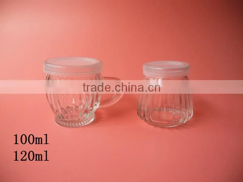 china supplier vertical stripe glass yogurt bottle with handle