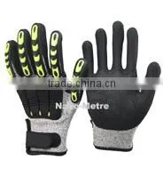 NMSAFETY 13 gauge orange nylon liner sandy nitrile glove with TPR on back mechanic gloves