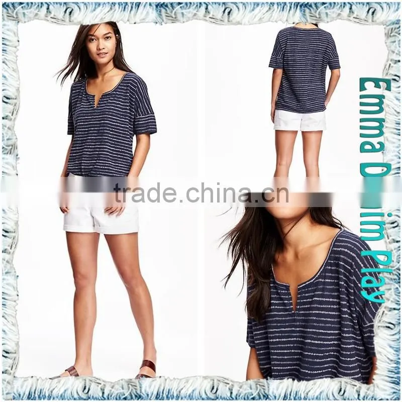 Hot Styles High Quality Ladies Blue White Stripe Knit Open O Neck T-Shirts Adult's Tops