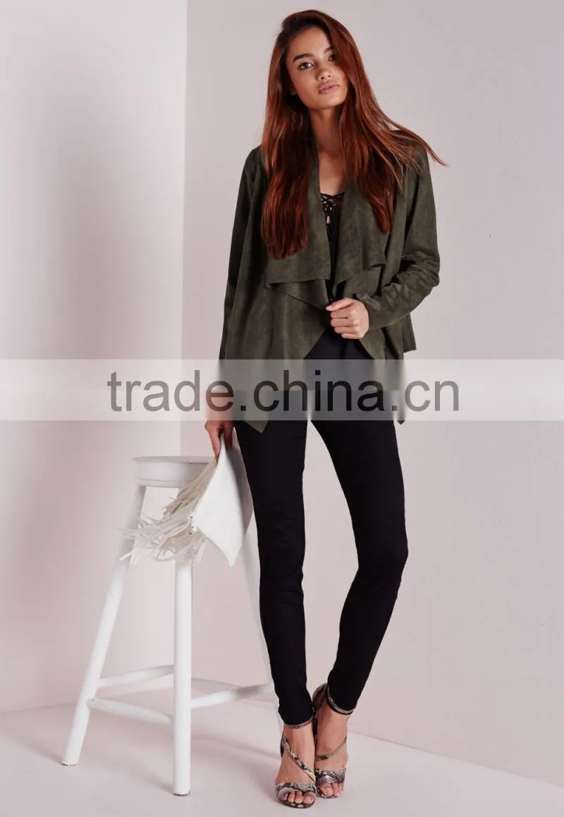 2015 Women Winter Short Waterfall Faux Suede Jacket