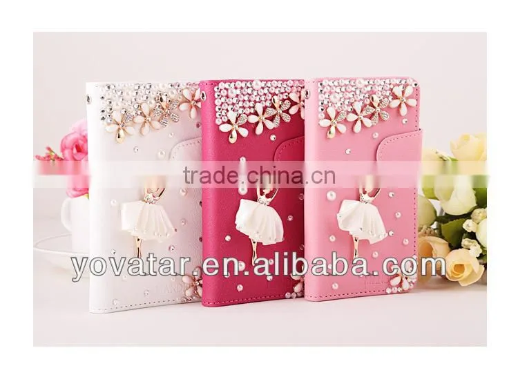 2014 New design pearl diamond card holder pu leather wallet case for iphone5