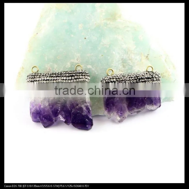 LFD-0086P ~ Wholesale Natural Amethyst Druzy Slice Double Bail Pendant Crystal Rhinestone Paved Cap Pendants