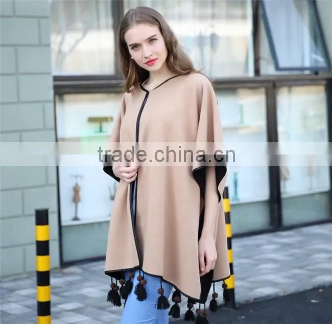 Big street PU edging latest fashion wooden beads decorated office shawl cloak